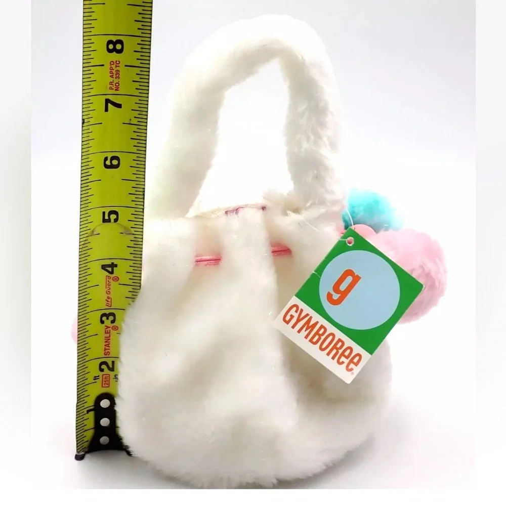 Vintage Gymboree Plush Purse Fuzzy Pouch Basket White Multicolor Puff Balls